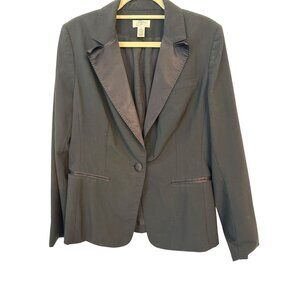 Ann Taylor Loft Tuxedo Jacket 12 Black Wool Blend With Satin Trim Button Details